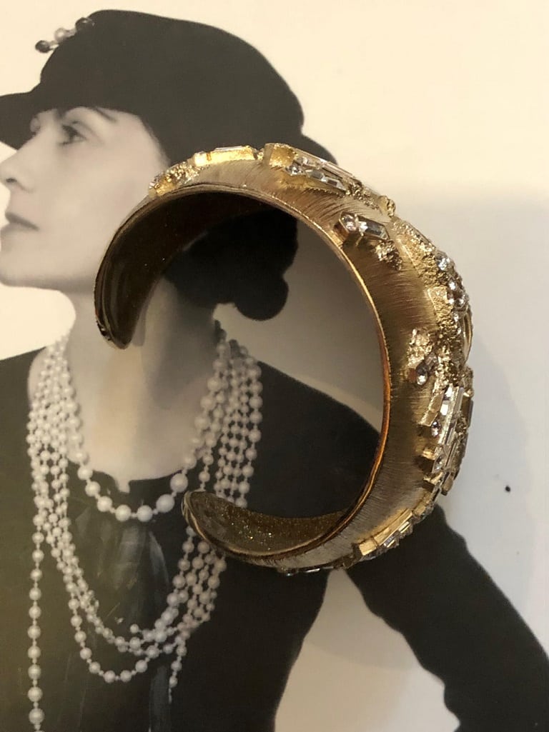 CHANEL CC Logo Cuff Bracelet Bangle Crystal Gold-Tone - Image 9