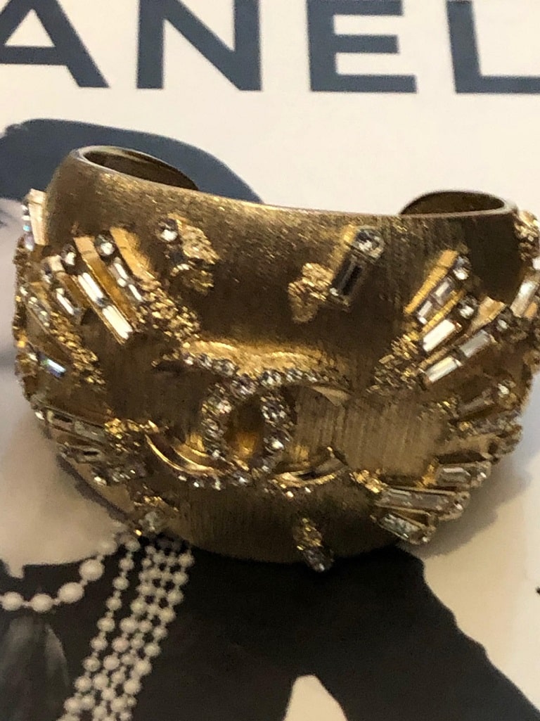 CHANEL CC Logo Cuff Bracelet Bangle Crystal Gold-Tone - Image 8