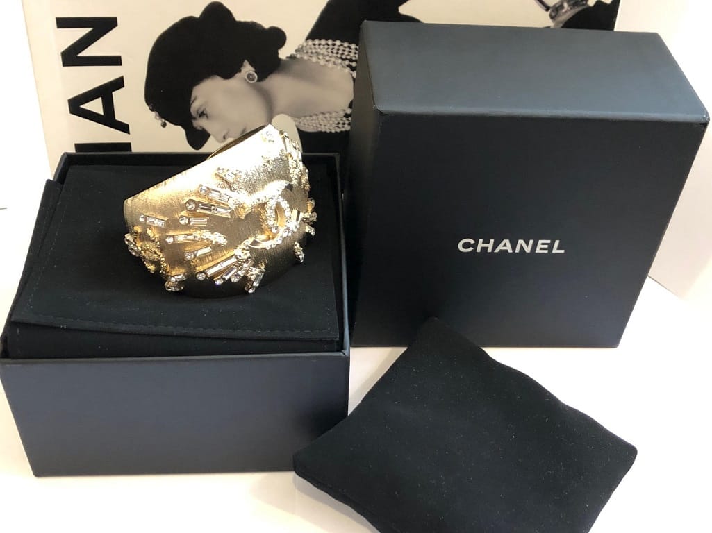 CHANEL CC Logo Cuff Bracelet Bangle Crystal Gold-Tone - Image 11