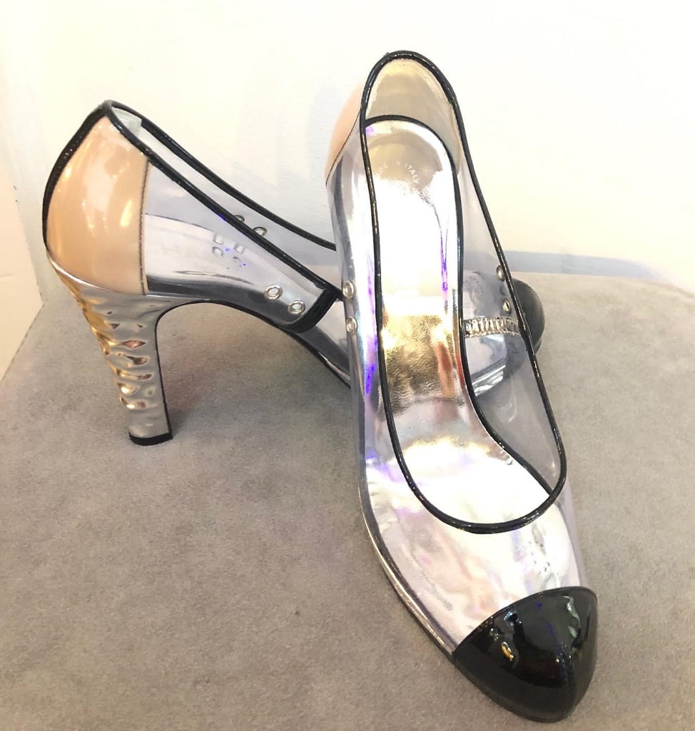 CHANEL Shoes CC PVC Clear Black Patent Leather Toe Platform High Heels - Image 4