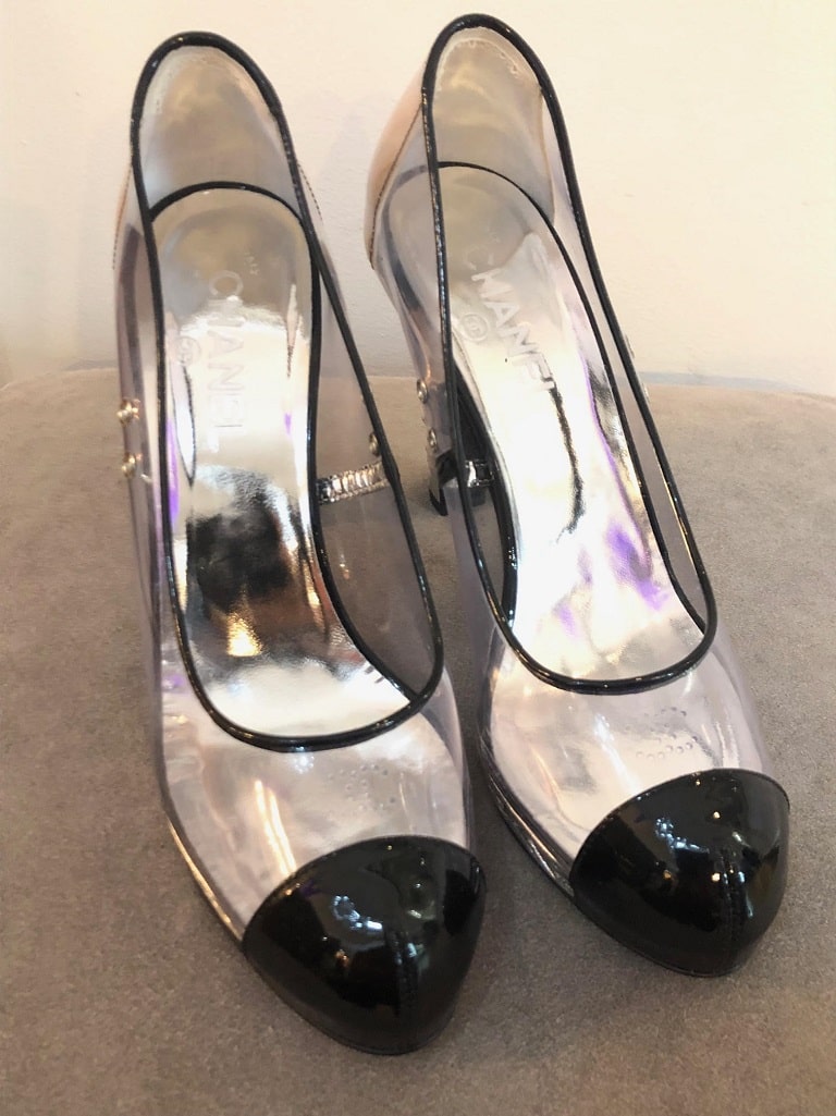 CHANEL Shoes CC PVC Clear Black Patent Leather Toe Platform High Heels - Image 2