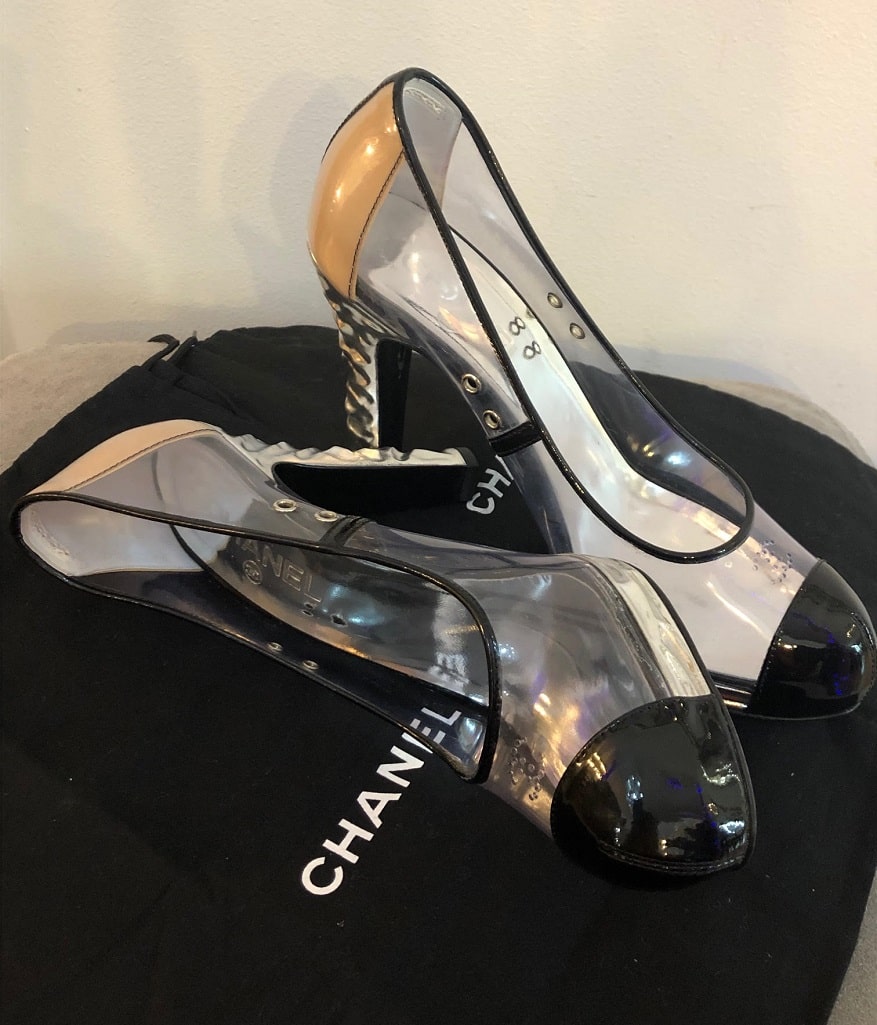 CHANEL Shoes CC PVC Clear Black Patent Leather Toe Platform High Heels - Image 5
