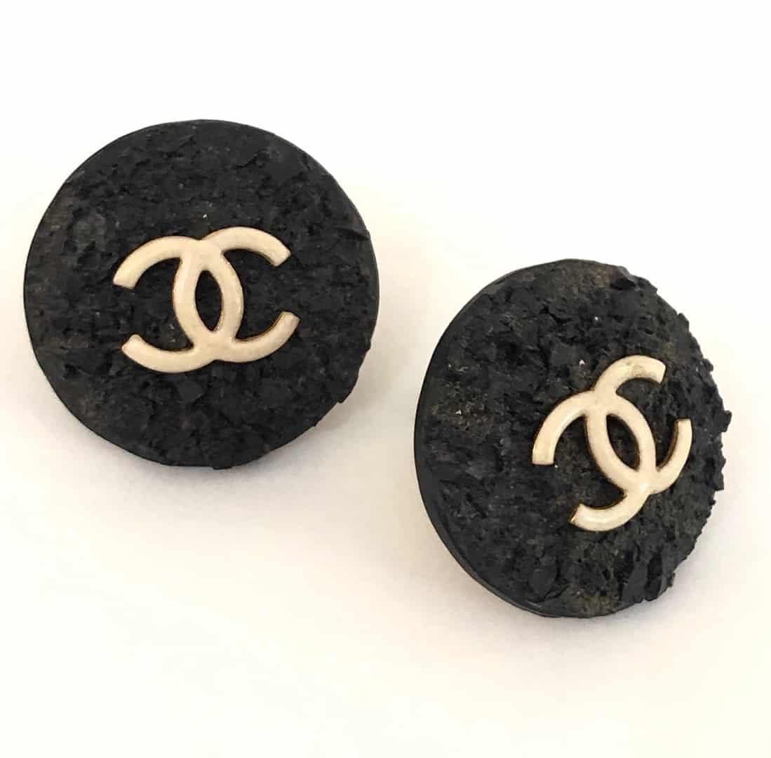 Chanel 1993 CC Logo Large Button Earrings Black Bakelite