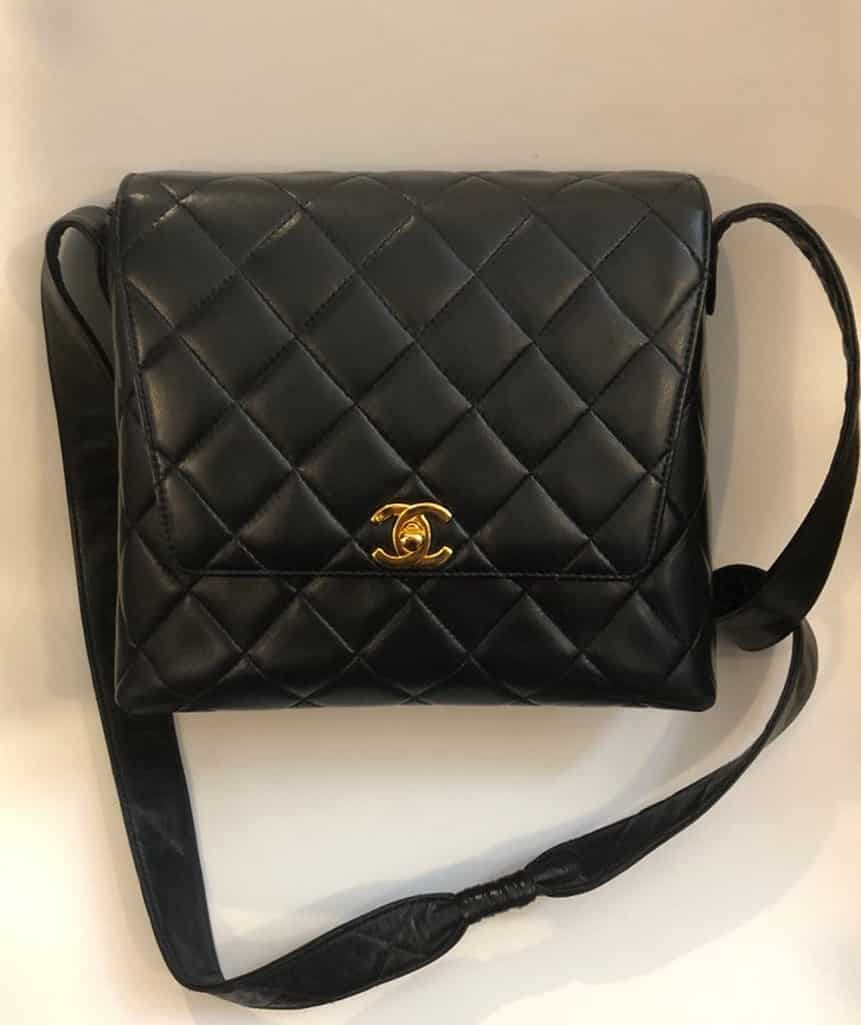 CHANEL Black Lambskin Leather Strap Shoulder Bag