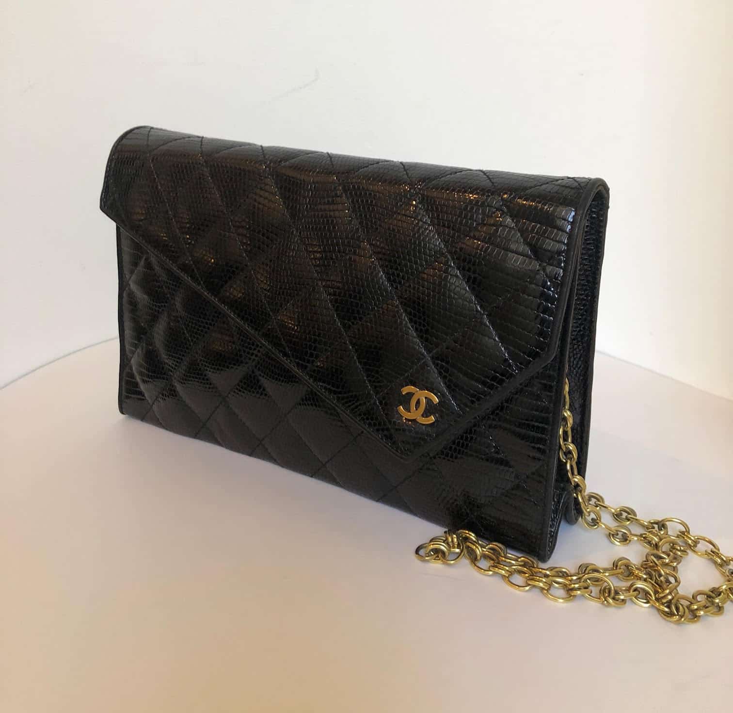 Chanel Black Lizard Leather Gold Chain 2 in 1 Clutch Flap Evening Shoulder Bag - Image 3