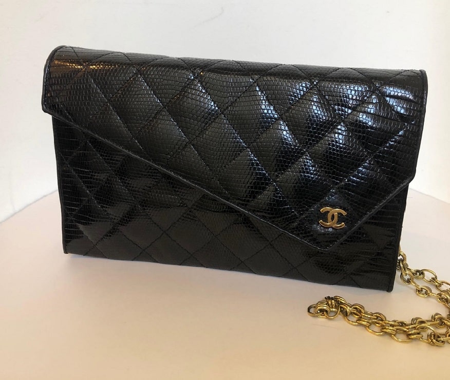 Chanel Black Lizard Leather Gold Chain 2 in 1 Clutch Flap Evening Shoulder Bag