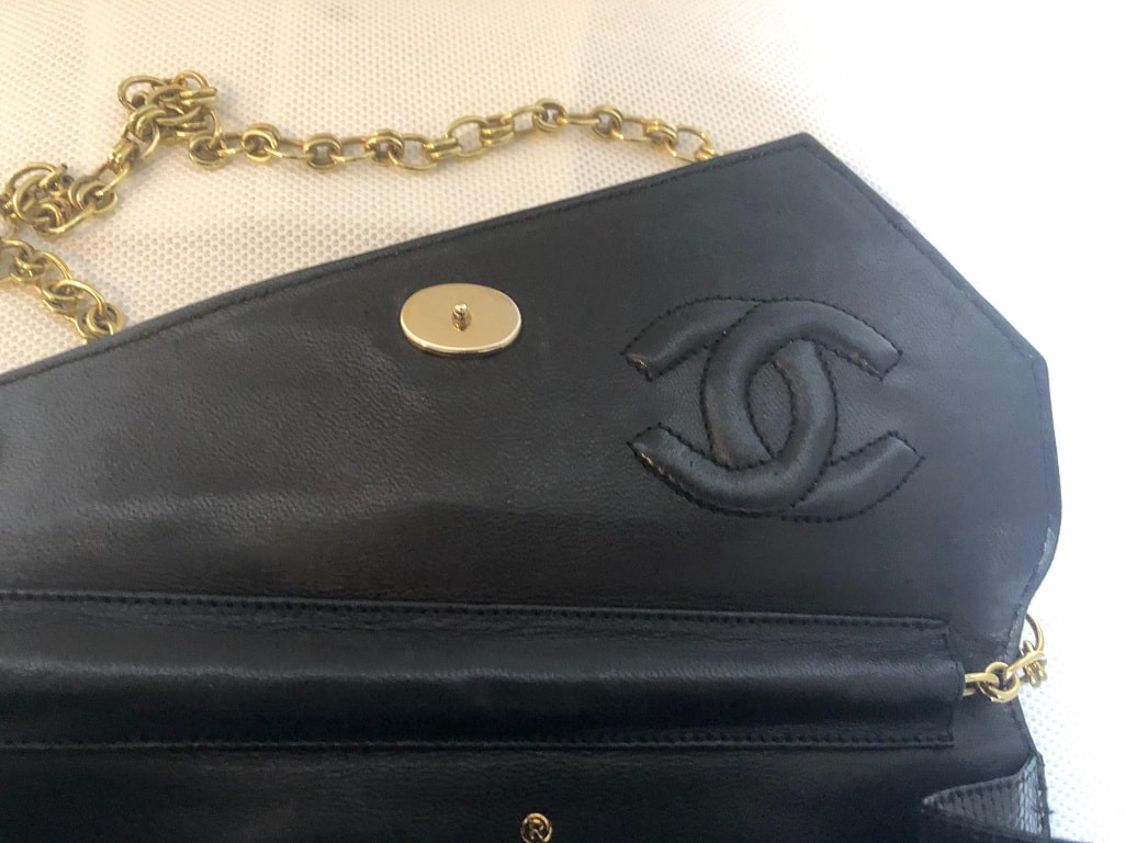 Chanel Black Lizard Leather Gold Chain 2 in 1 Clutch Flap Evening Shoulder Bag - Image 12