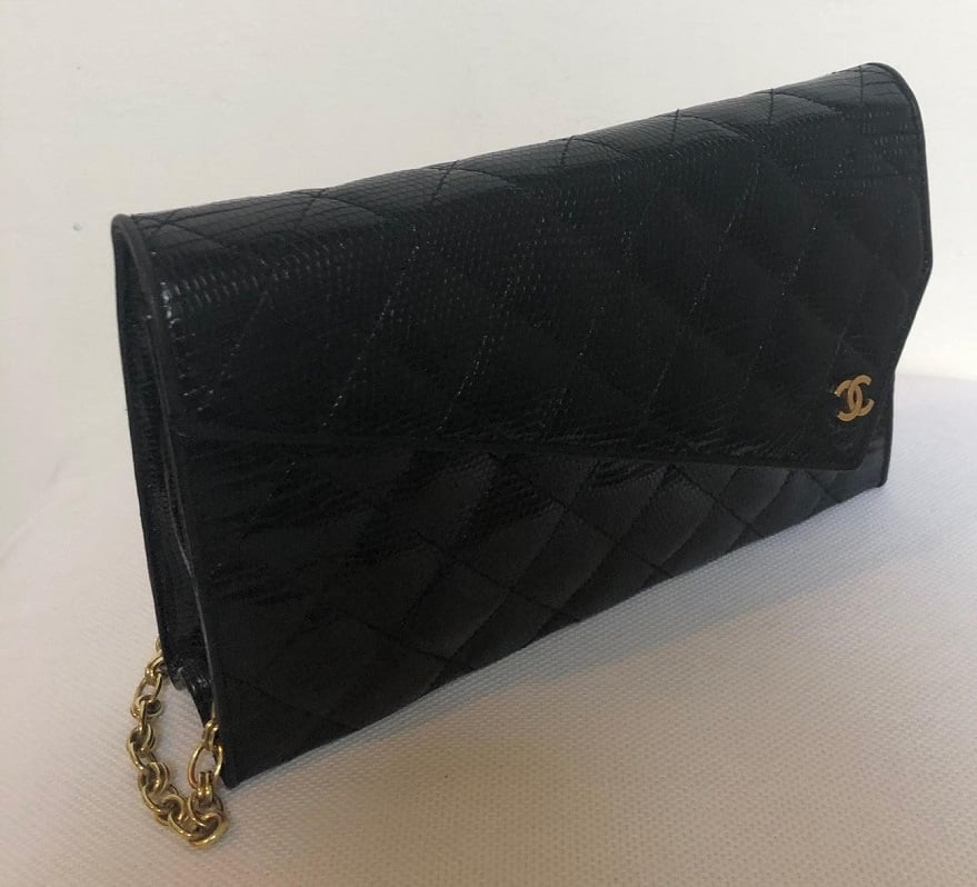 Chanel Black Lizard Leather Gold Chain 2 in 1 Clutch Flap Evening Shoulder Bag - Image 4
