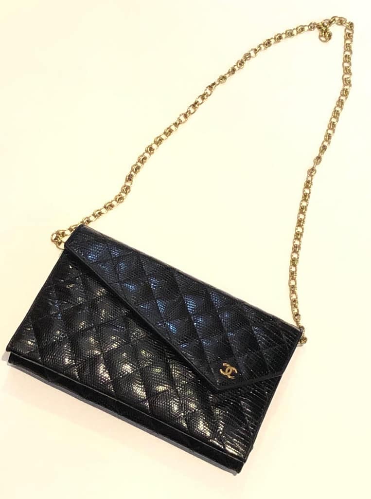Chanel Black Lizard Leather Gold Chain 2 in 1 Clutch Flap Evening Shoulder Bag - Image 8