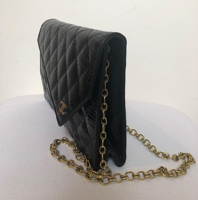 Chanel Black Lizard Leather Gold Chain 2 in 1 Clutch Flap Evening Shoulder Bag - Image 6