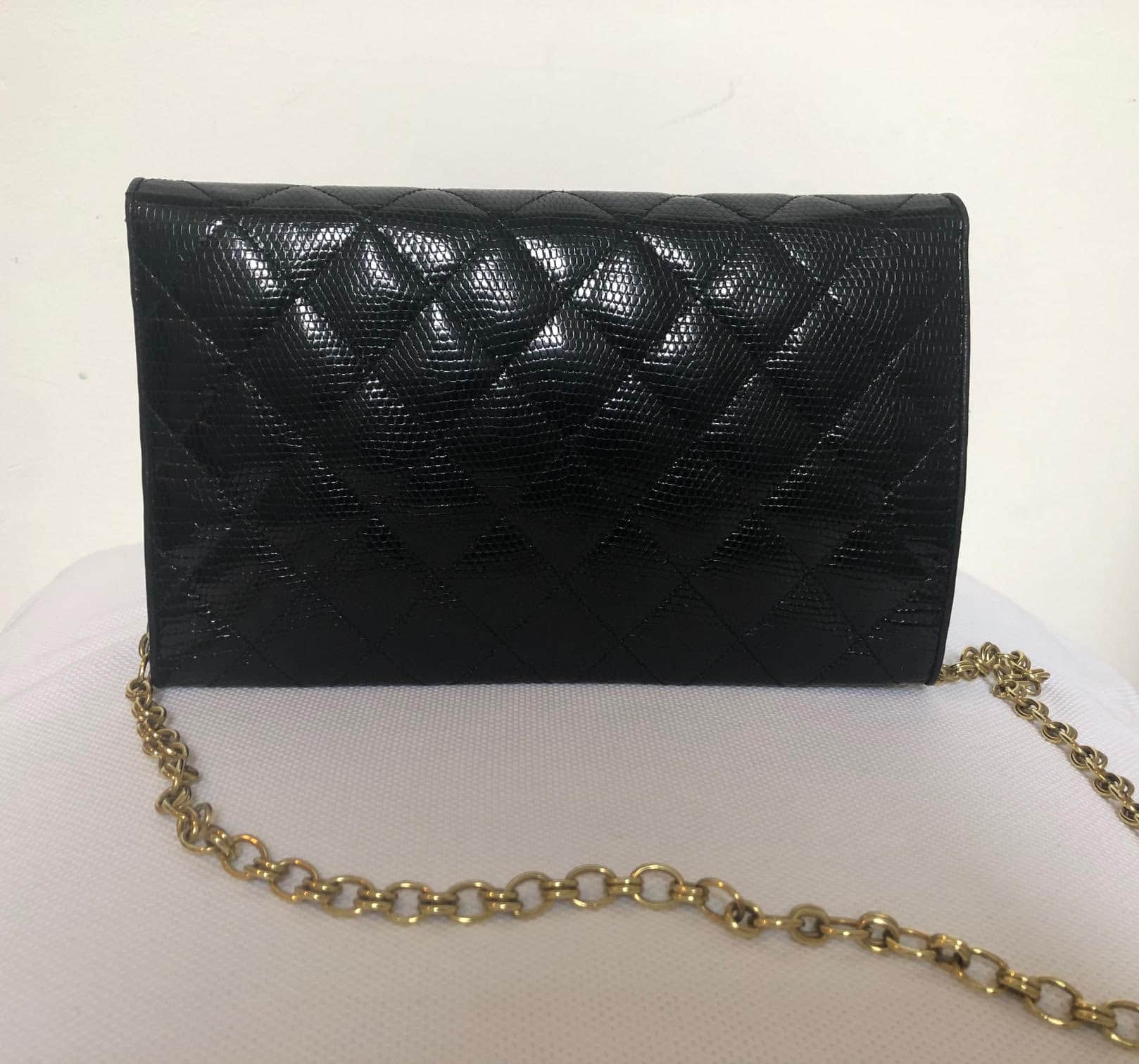Chanel Black Lizard Leather Gold Chain 2 in 1 Clutch Flap Evening Shoulder Bag - Image 7