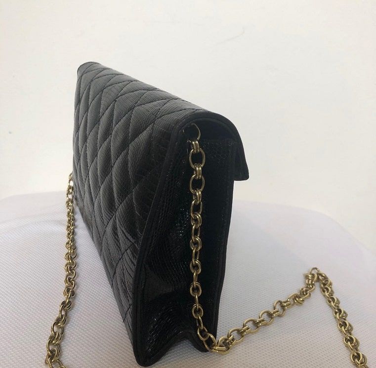 Chanel Black Lizard Leather Gold Chain 2 in 1 Clutch Flap Evening Shoulder Bag - Image 10