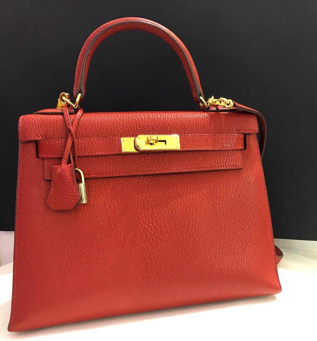 Hermès Kelly 28 Sellier Red Rouge Chèvre Mysore Leather Bag