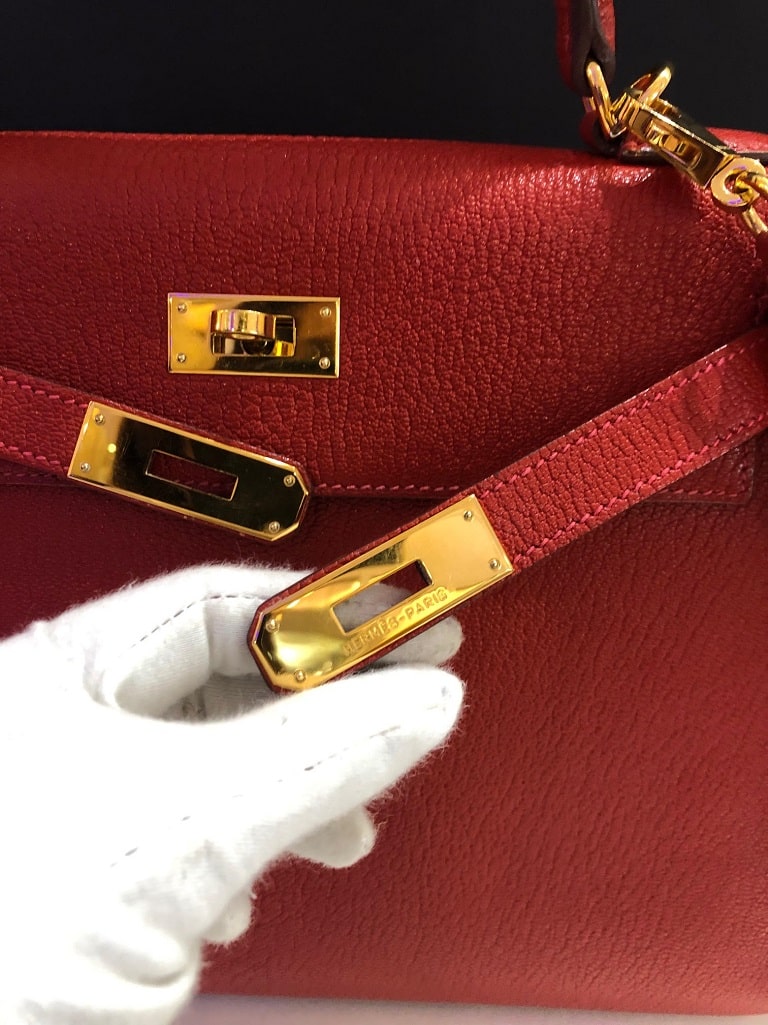 Hermès Kelly 28 Sellier Red Rouge Chèvre Mysore Leather Bag - Image 8