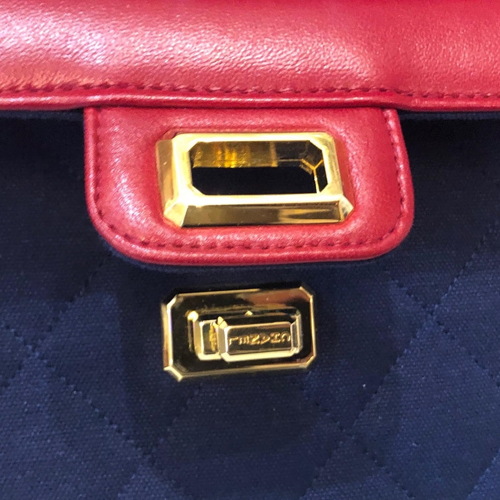 CHANEL Bi-Colour Quilted Red Lambskin Navy Blue Denim Shoulder Bag RARE - Image 12