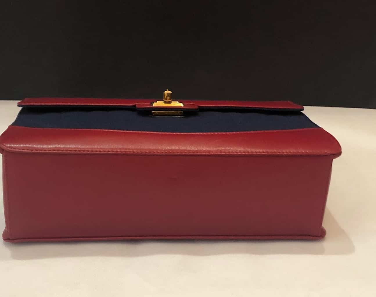 CHANEL Bi-Colour Quilted Red Lambskin Navy Blue Denim Shoulder Bag RARE - Image 6