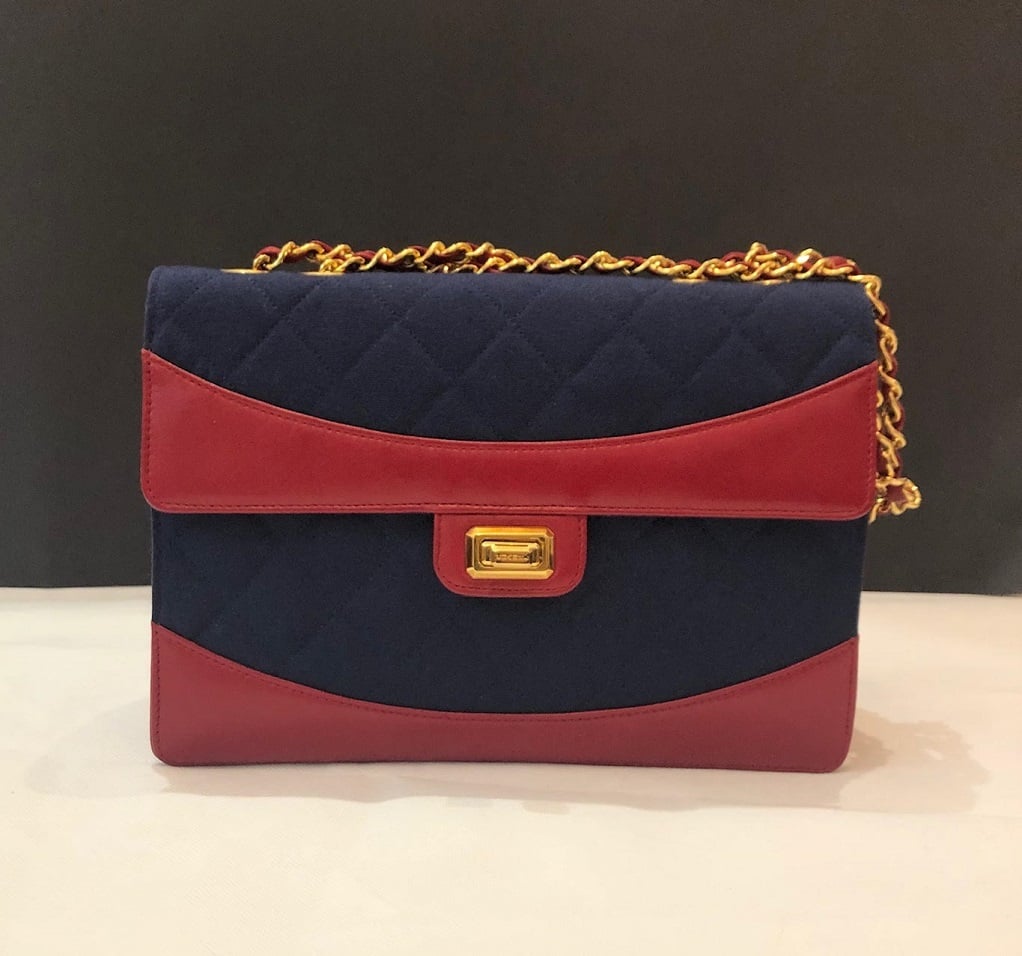 CHANEL Bi-Colour Quilted Red Lambskin Navy Blue Denim Shoulder Bag RARE