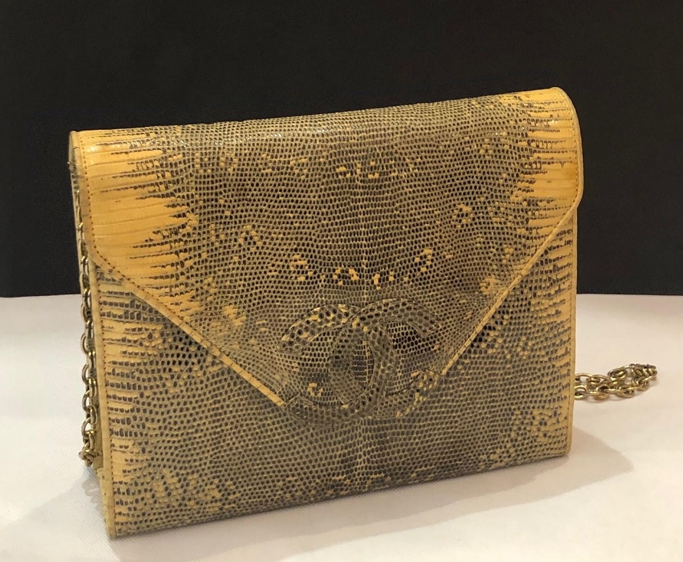 CHANEL Lizard Shoulder Clutch Chain CC Logo Bag Vintage