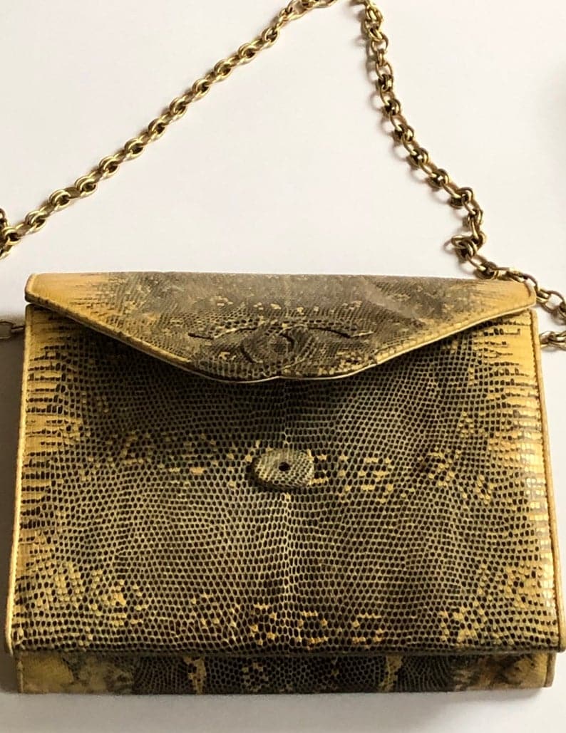 CHANEL Lizard Shoulder Clutch Chain CC Logo Bag Vintage - Image 6
