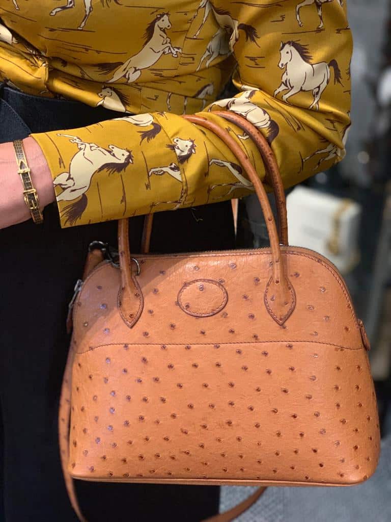 HERMES Ostrich Leather Bolide Bag Ruthenium Hardware Gold RARE