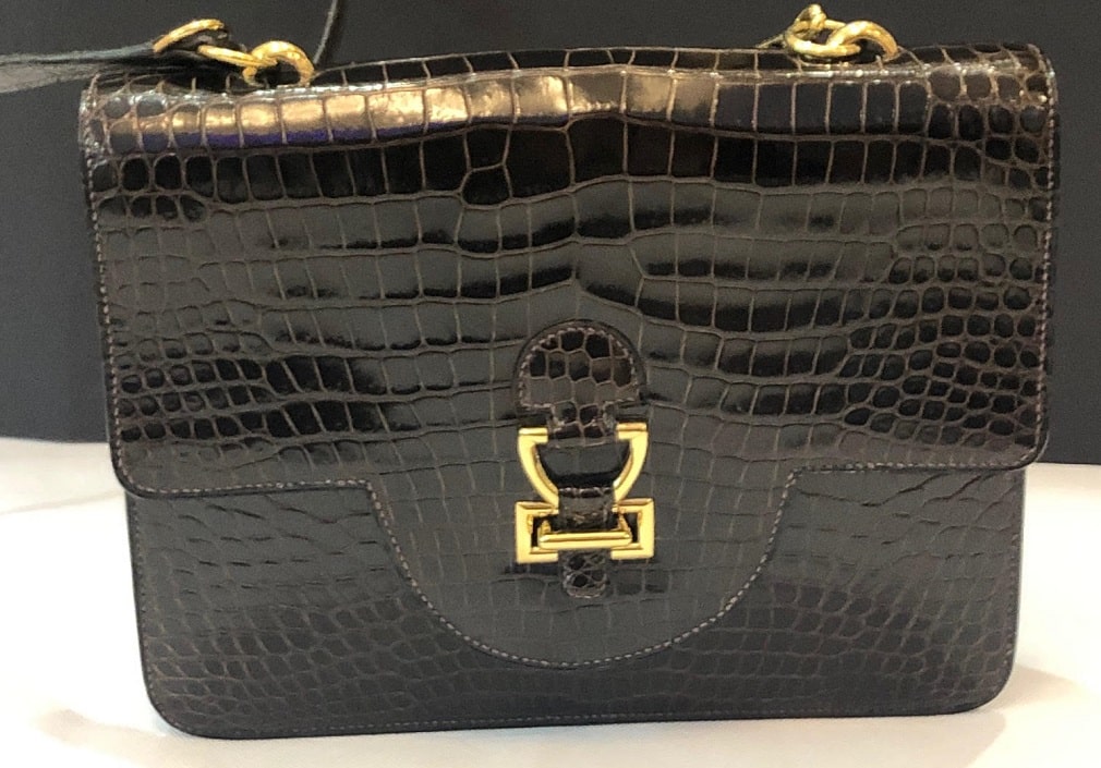 HERMES Crocodile Sandrine Deep Brown Bag