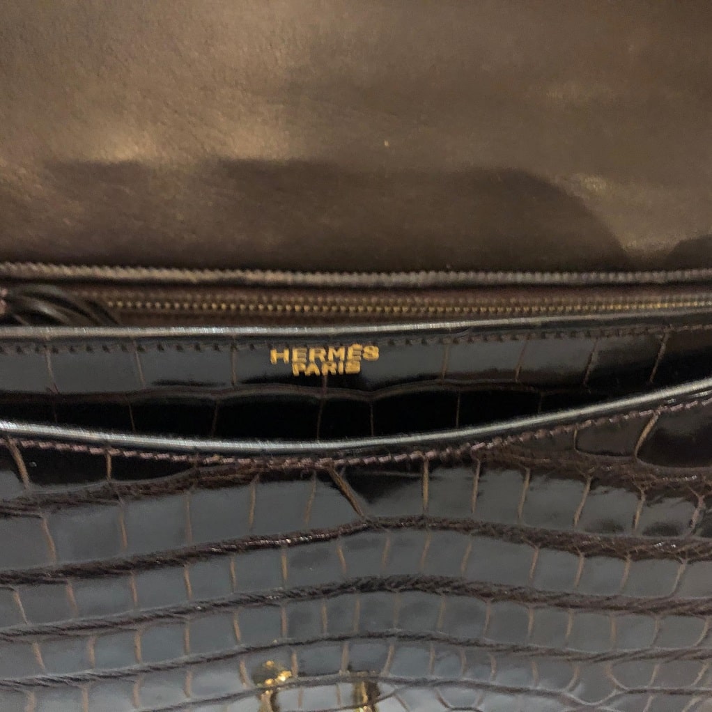 HERMES Crocodile Sandrine Deep Brown Bag - Image 6