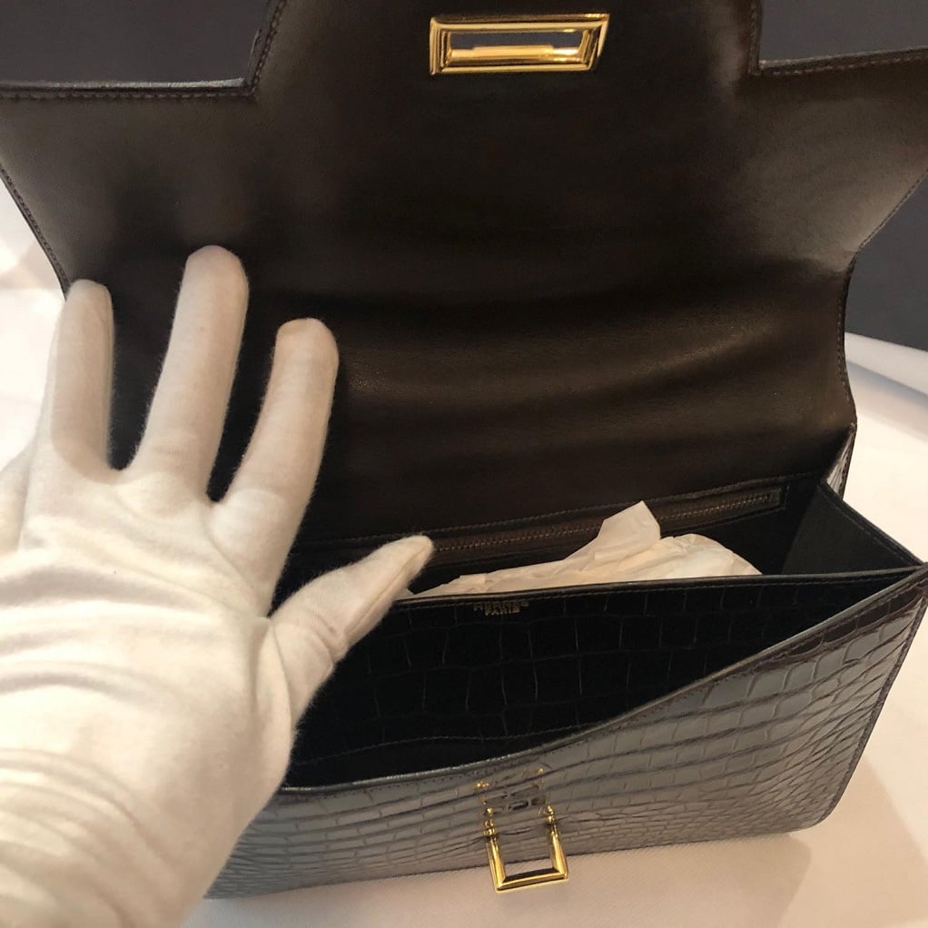 HERMES Crocodile Sandrine Deep Brown Bag - Image 7