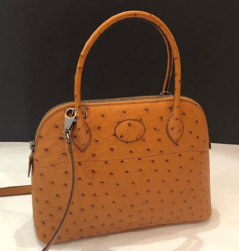 HERMES Ostrich Leather Bolide Bag Ruthenium Hardware Gold RARE - Image 2