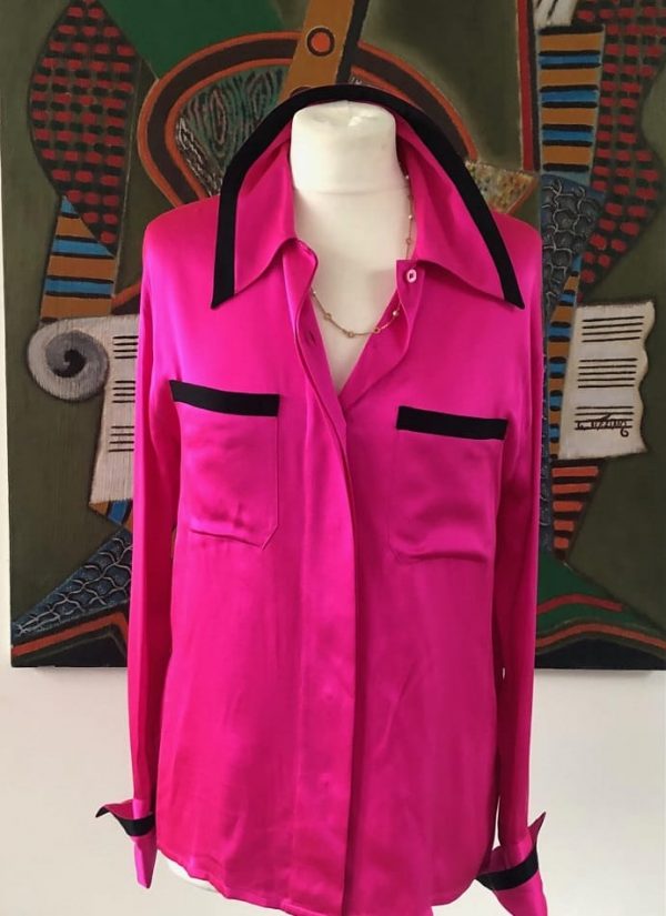 CHANEL Silk Shirt CC Logo Cufflinks Fuchsia-Black 1990's - Image 3