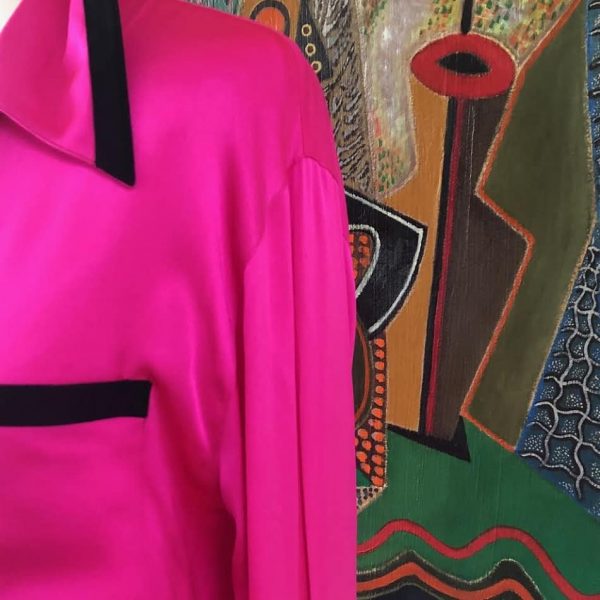 CHANEL Silk Shirt CC Logo Cufflinks Fuchsia-Black 1990's - Image 4