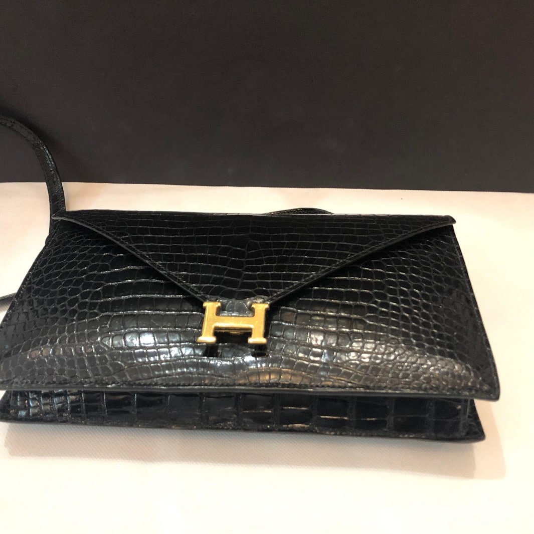HERMES H Logo Crocodile Black Clutch Shoulder Lydie Bag - Image 3