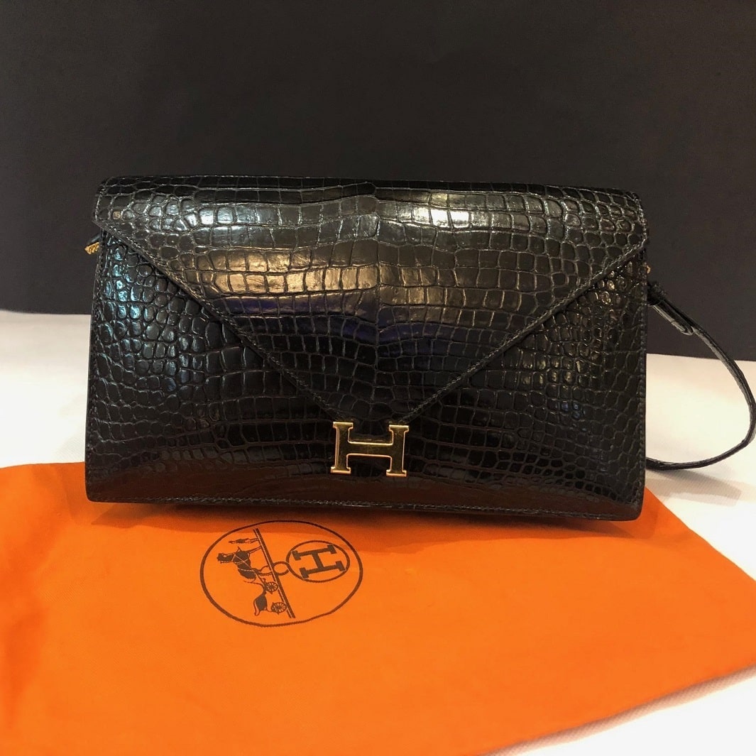 HERMES H Logo Crocodile Black Clutch Shoulder Lydie Bag