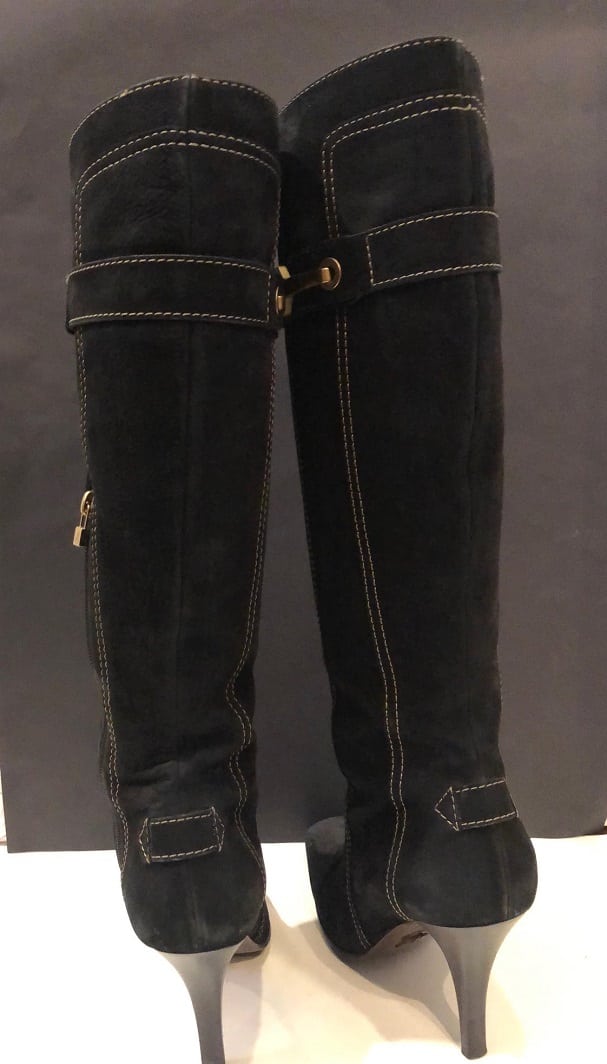 Louis Vuitton High Heels Boots Black Suede LV Logo Saddle Stitching Stiletto - Image 2