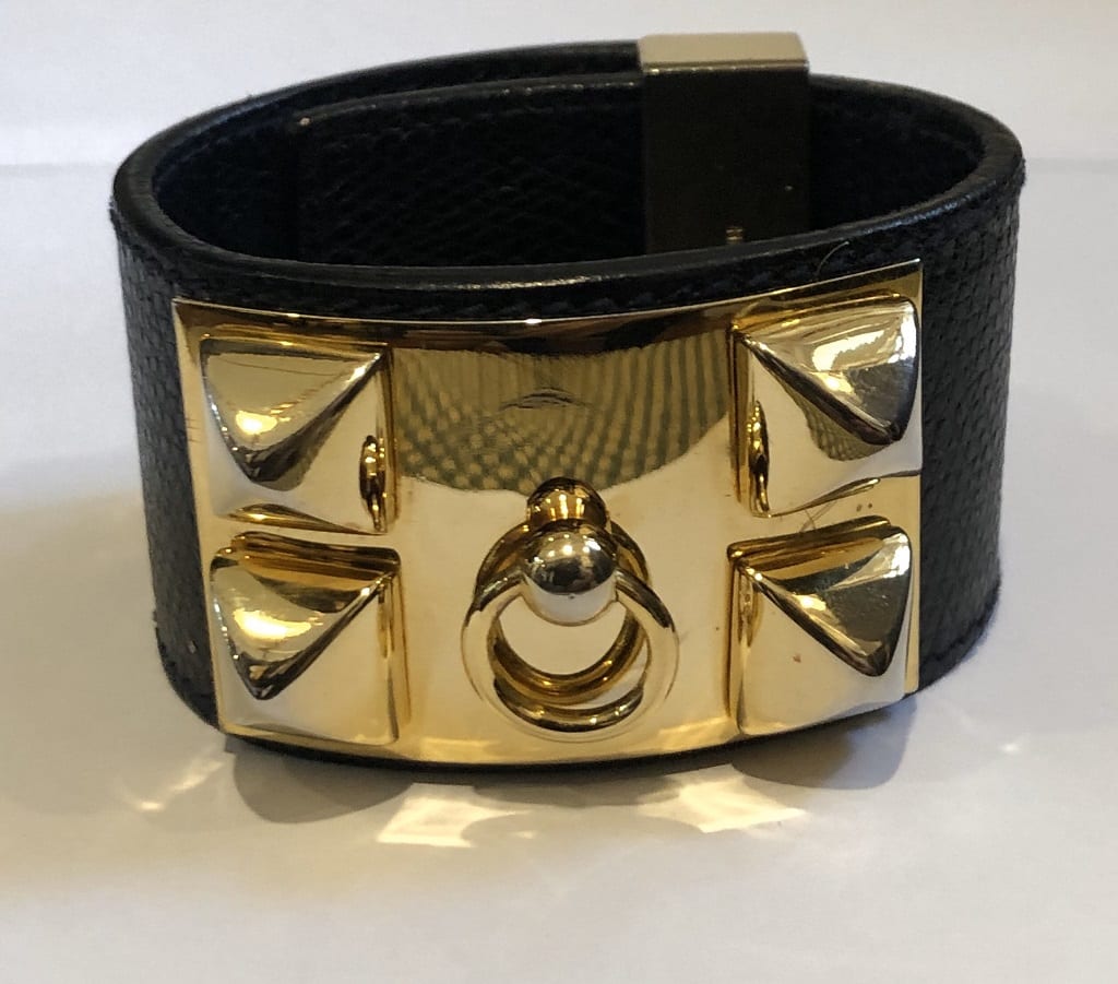 HERMÈS Collier de Chien Black Médor Cuff Bracelet Gold-Tone Epsom Calfskin
