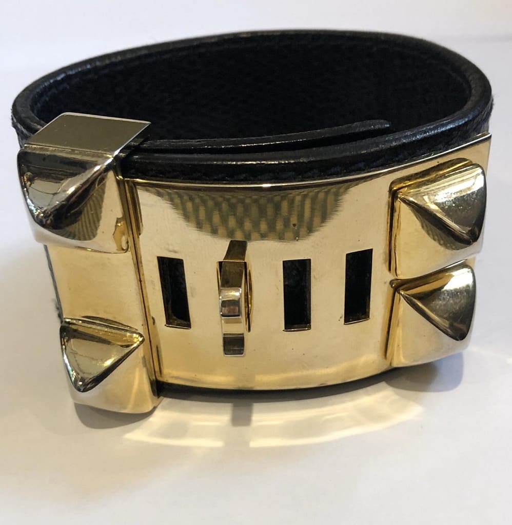 HERMÈS Collier de Chien Black Médor Cuff Bracelet Gold-Tone Epsom Calfskin - Image 2