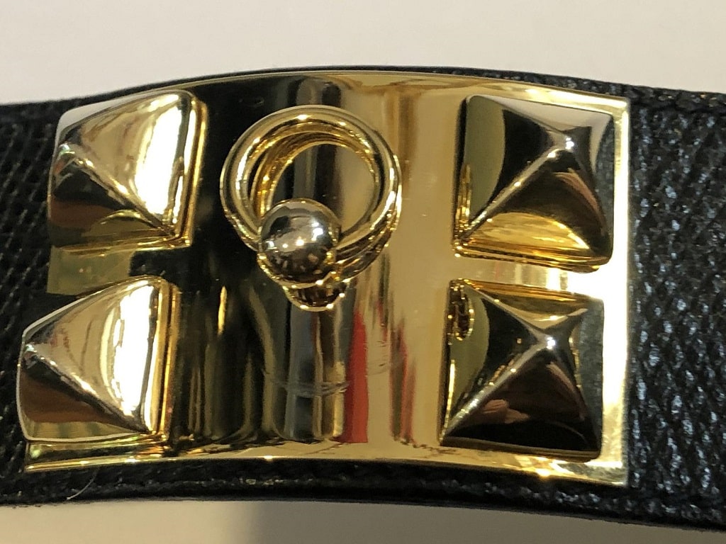 HERMÈS Collier de Chien Black Médor Cuff Bracelet Gold-Tone Epsom Calfskin - Image 9