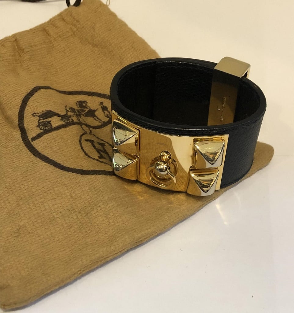 HERMÈS Collier de Chien Black Médor Cuff Bracelet Gold-Tone Epsom Calfskin - Image 4