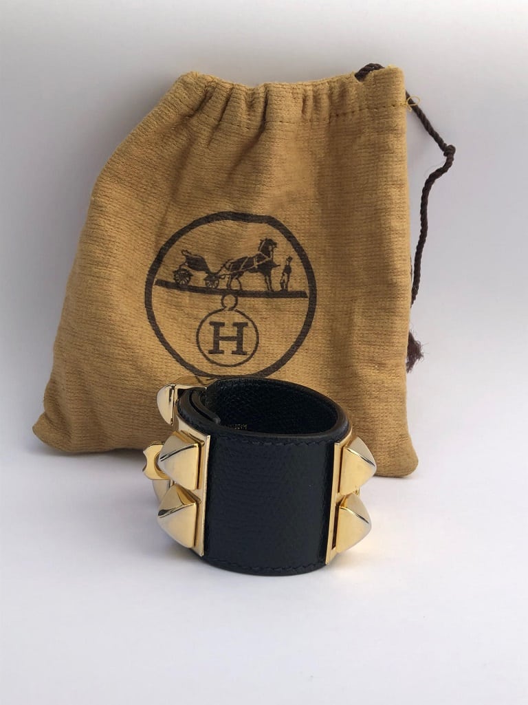 HERMÈS Collier de Chien Black Médor Cuff Bracelet Gold-Tone Epsom Calfskin - Image 6
