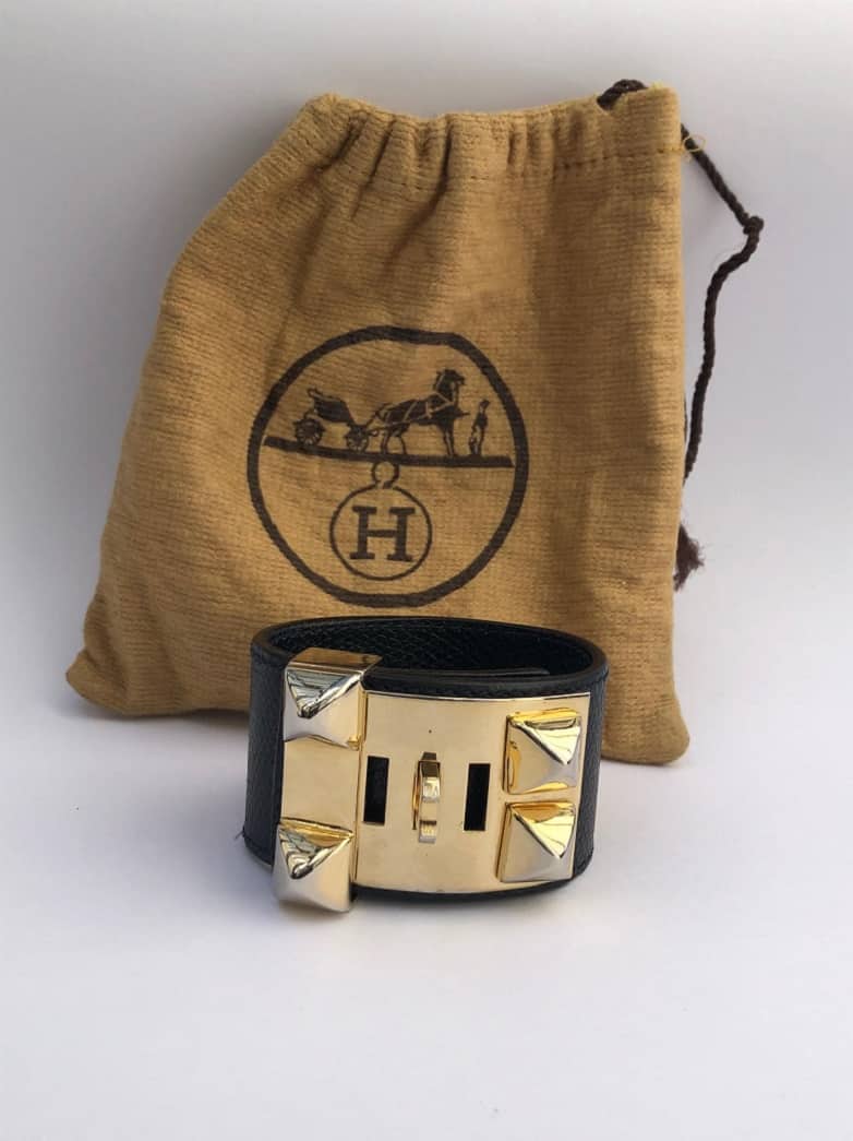 HERMÈS Collier de Chien Black Médor Cuff Bracelet Gold-Tone Epsom Calfskin - Image 3