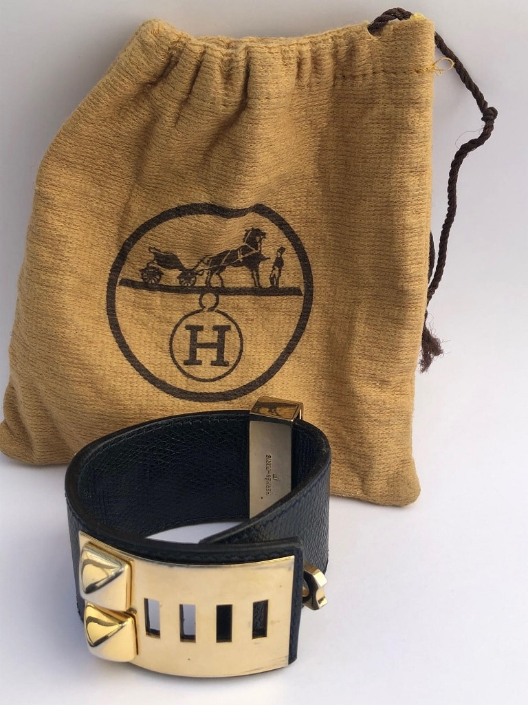 HERMÈS Collier de Chien Black Médor Cuff Bracelet Gold-Tone Epsom Calfskin - Image 7