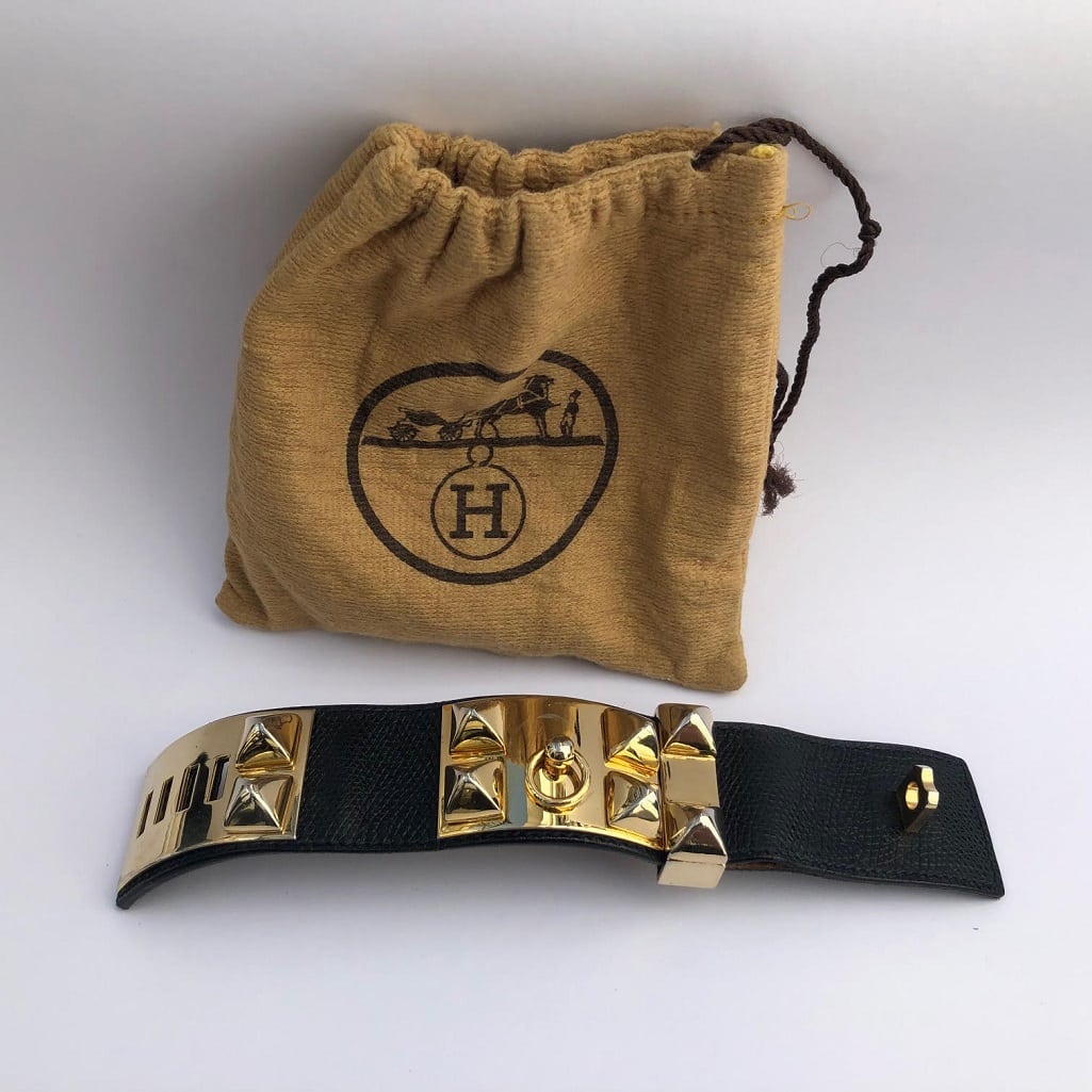 HERMÈS Collier de Chien Black Médor Cuff Bracelet Gold-Tone Epsom Calfskin - Image 8