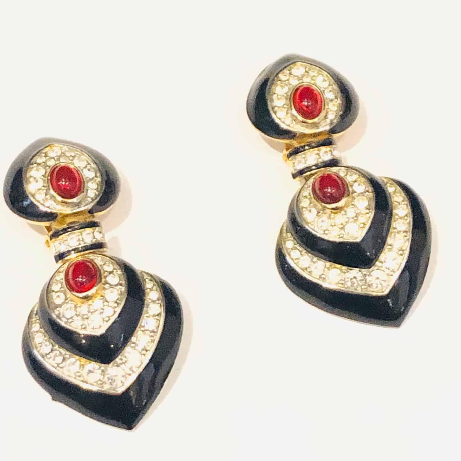 French Vintage Cabochons Drop Heart Earrings Swarovski Crystal and Rubies