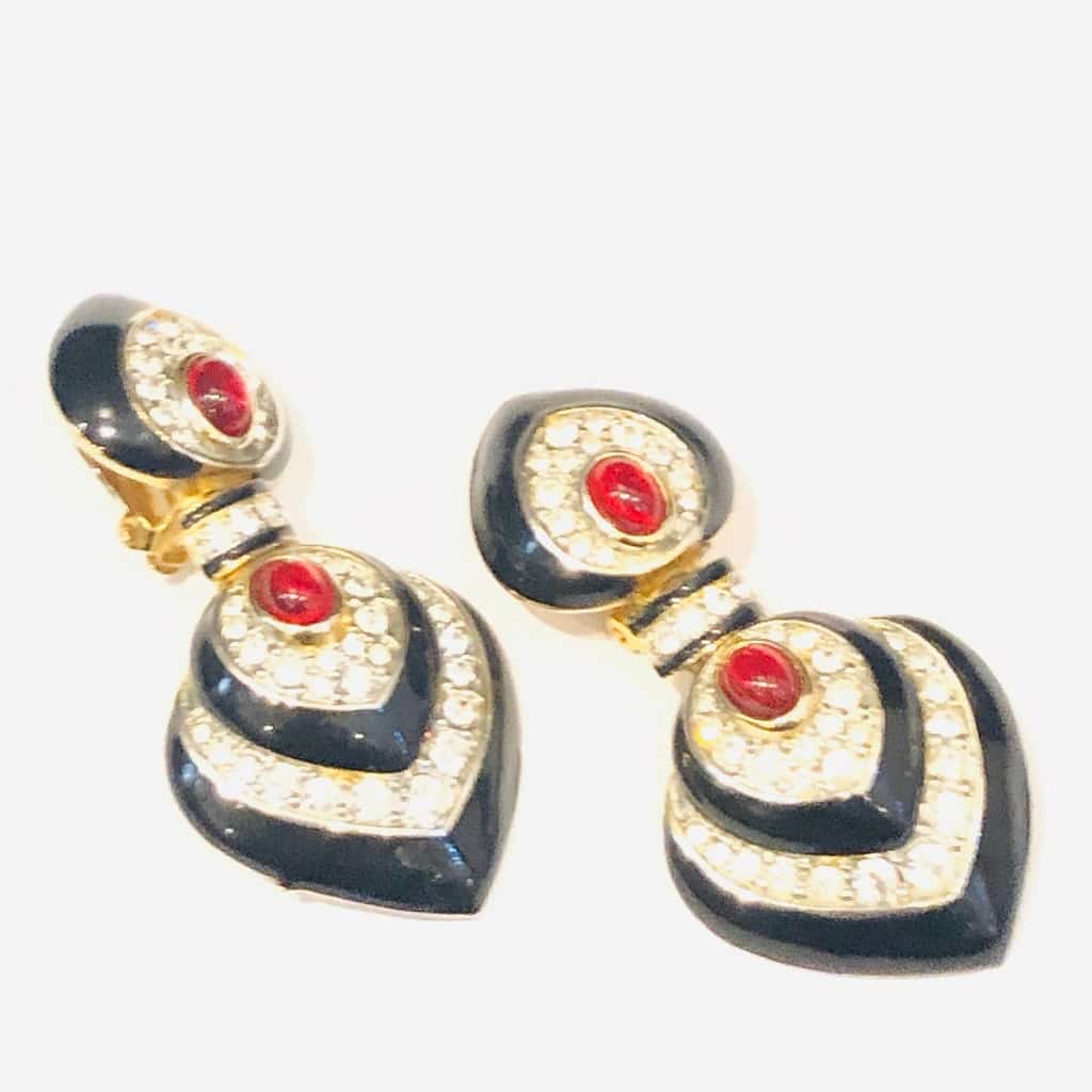 French Vintage Cabochons Drop Heart Earrings Swarovski Crystal and Rubies - Image 2