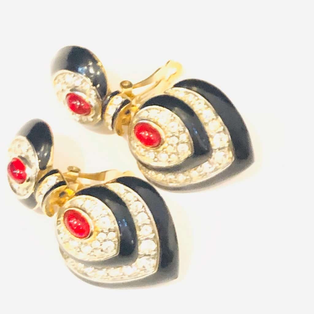 French Vintage Cabochons Drop Heart Earrings Swarovski Crystal and Rubies - Image 4