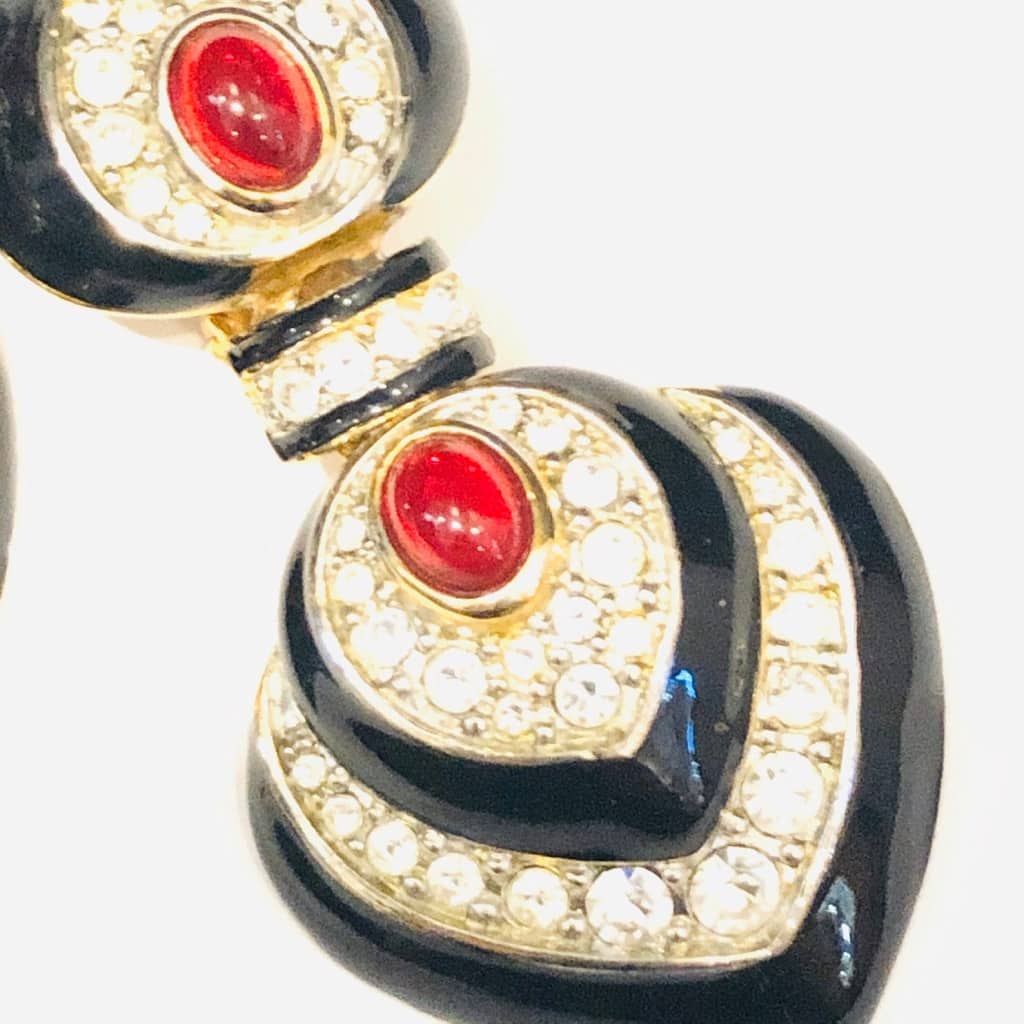 French Vintage Cabochons Drop Heart Earrings Swarovski Crystal and Rubies - Image 3