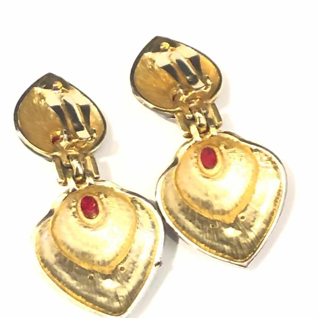 French Vintage Cabochons Drop Heart Earrings Swarovski Crystal and Rubies - Image 5