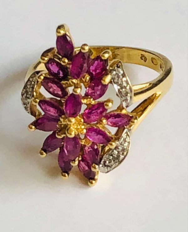 18K Vintage Gold Marquise French Ring Rubies W/Diamonds
