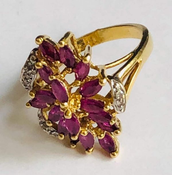 18K Vintage Gold Marquise French Ring Rubies W/Diamonds - Image 2