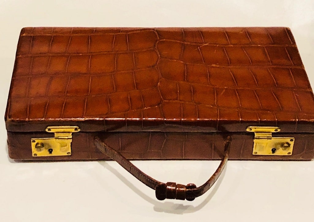 ASPREY LONDON Edwardian Crocodile Travelling Jewellery Box W/Key Circa 1900-1920