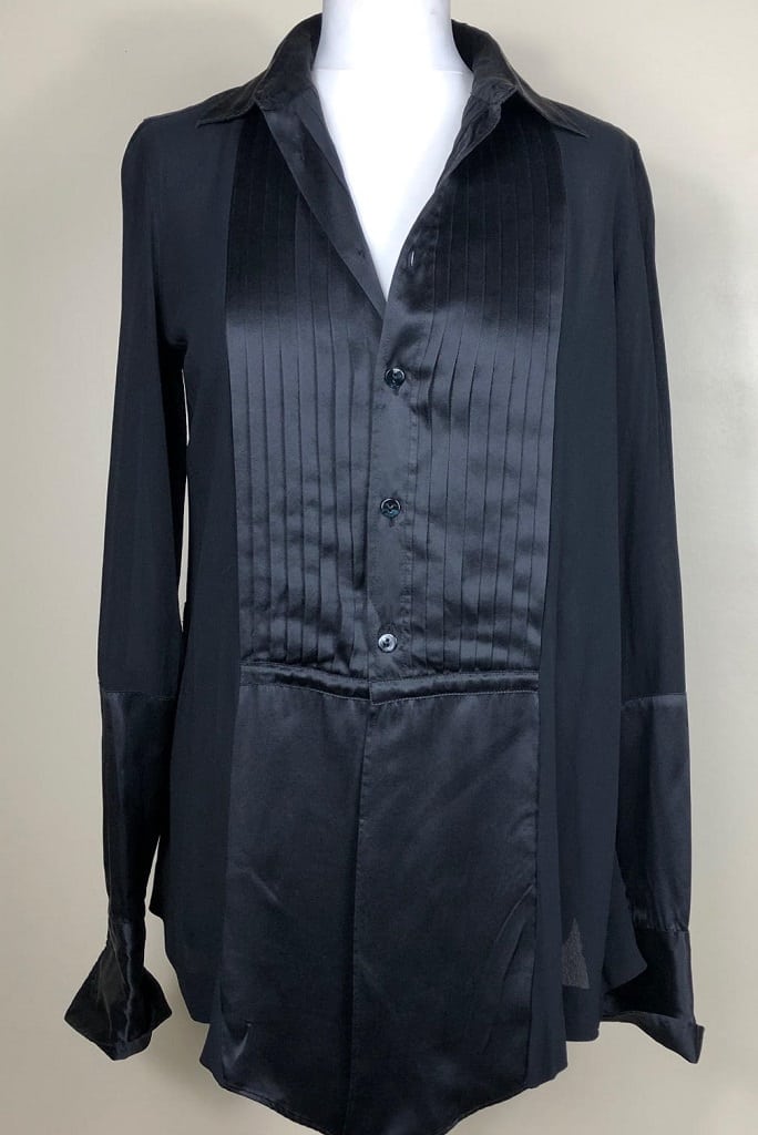 JEAN-PAUL GAULTIER Vintage Couture Smoking Shirt Black Silk Pleated - Image 3